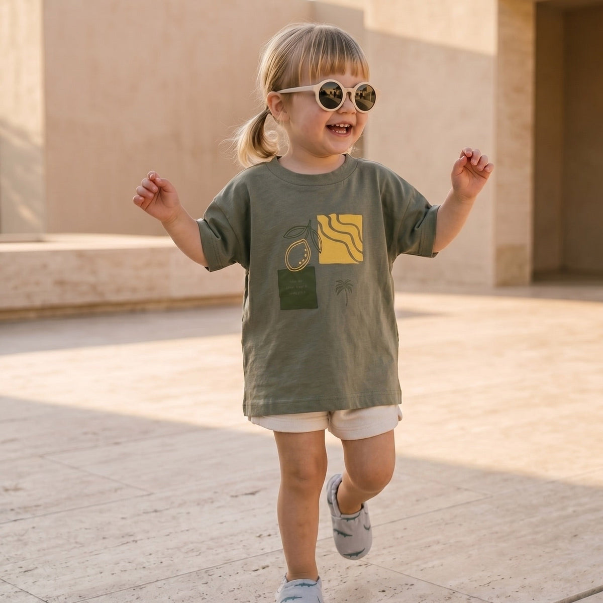 Organic Oversized Shirt - Khaki with Lemon Print